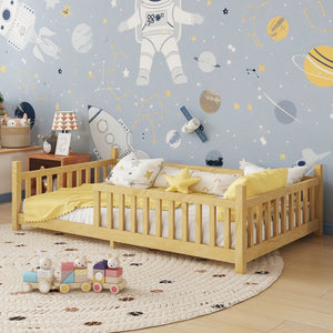 English Elm Twin Montessori Floor Bed House Frame with Led Lighting and Safety Rails for Kids Natural W2593P440573