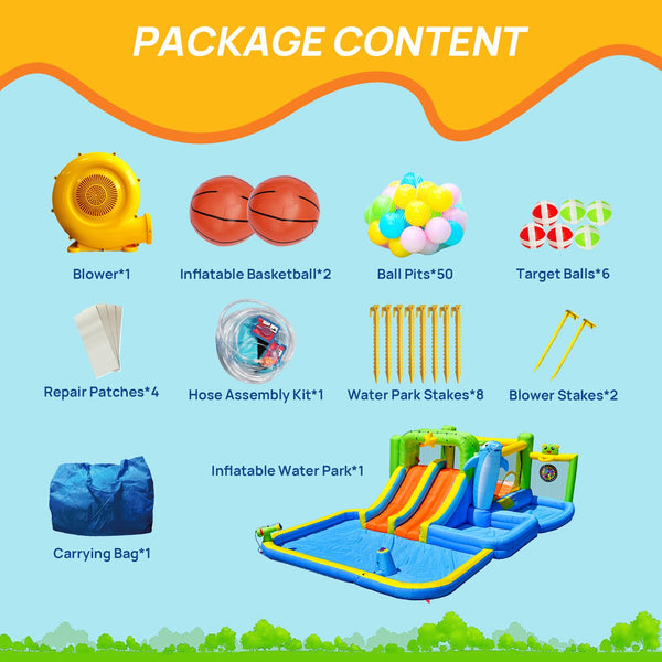 English Elm 9 in 1 Inflatable Bounce House Backyard Water Park with Slide Pool and Sprinkler W1677P247377