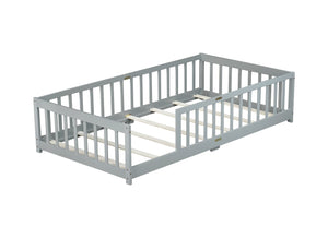English Elm Twin Low Profile Rubberwood Floor Bed with Full Safety Fence for Toddler Rooms Grey W504P429333