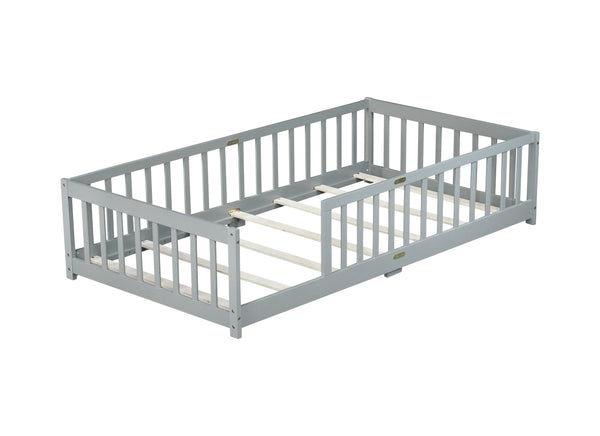 English Elm Twin Low Profile Rubberwood Floor Bed with Full Safety Fence for Toddler Rooms Grey W504P429333