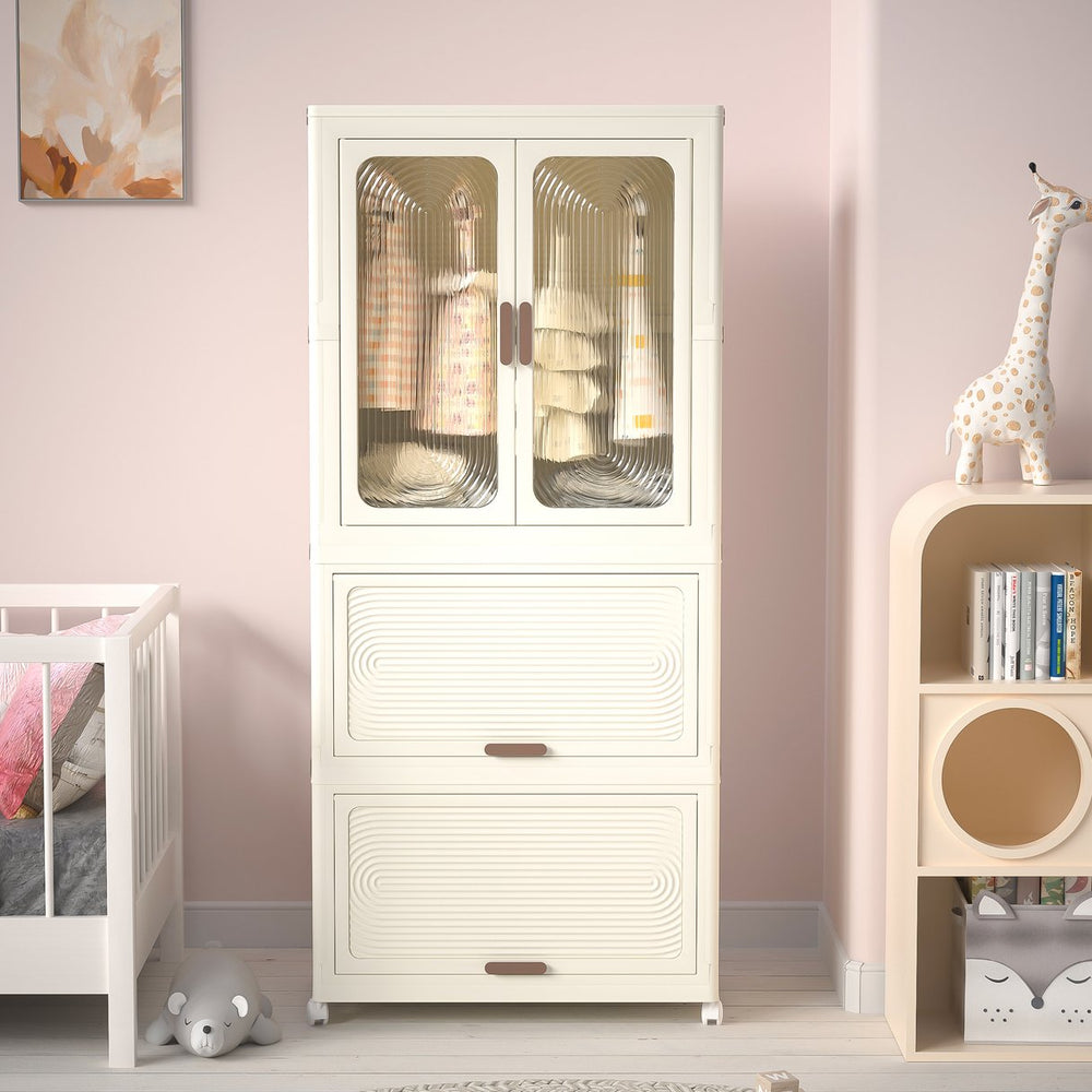English Elm Portable Kids Wardrobe Cabinet with Magnetic Doors Hanging Rod and Four Cube Storage W2699P210481