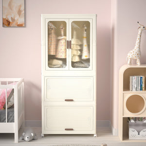 English Elm Portable Kids Wardrobe Cabinet with Magnetic Doors Hanging Rod and Four Cube Storage W2699P210481