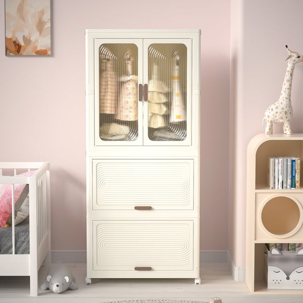 English Elm Portable Kids Wardrobe Cabinet with Magnetic Doors Hanging Rod and Four Cube Storage W2699P210481