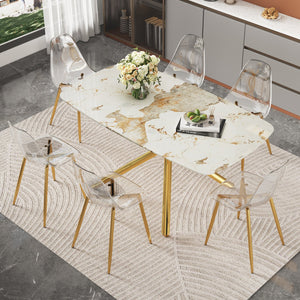 English Elm Table and Chairs Set Glam Marble Glass Top Gold Metal Base Seats Six Dining Room W1151S04616