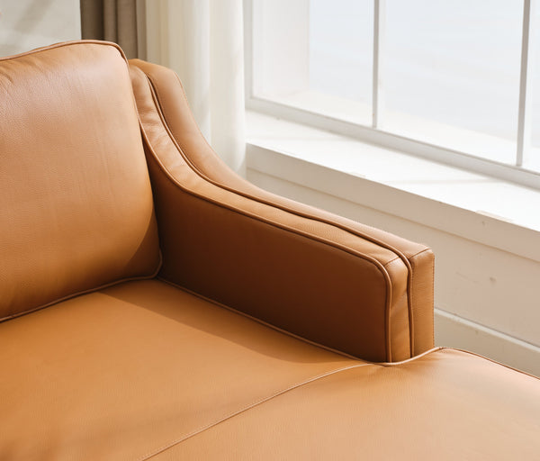 English Elm 94.5-Inch L-Shaped Genuine Leather Sectional Sofa With Right Chaise Lounge - Modern Tan Comfort W791S00021