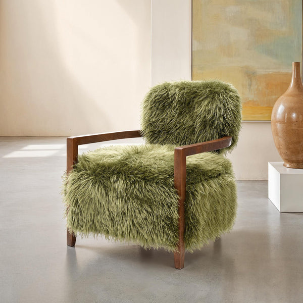 English Elm 1Pc Accent Chair - Plush Faux Fur Upholstery With Raked Wooden Arms For Cozy Contemporary Style B2741P401370