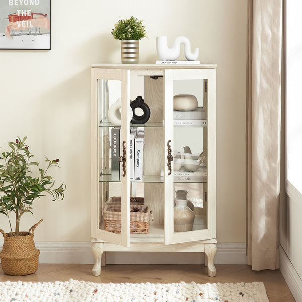 English Elm 2 Doors Curio Cabinet - Elegant Lighted Display With Glass, Mirrored Back, Adjustable Shelves & More! W2275P178894