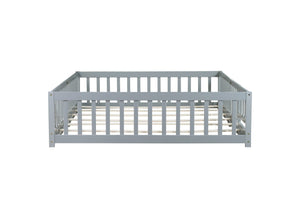 English Elm Queen Floor Bed with Safety Fence and Guardrails, Rubberwood Low Profile Platform for Kids Grey W504P286386