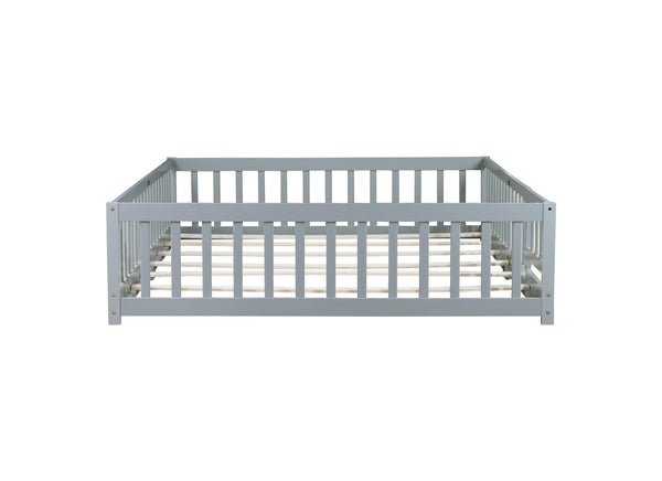 English Elm Queen Floor Bed with Safety Fence and Guardrails, Rubberwood Low Profile Platform for Kids Grey W504P286386