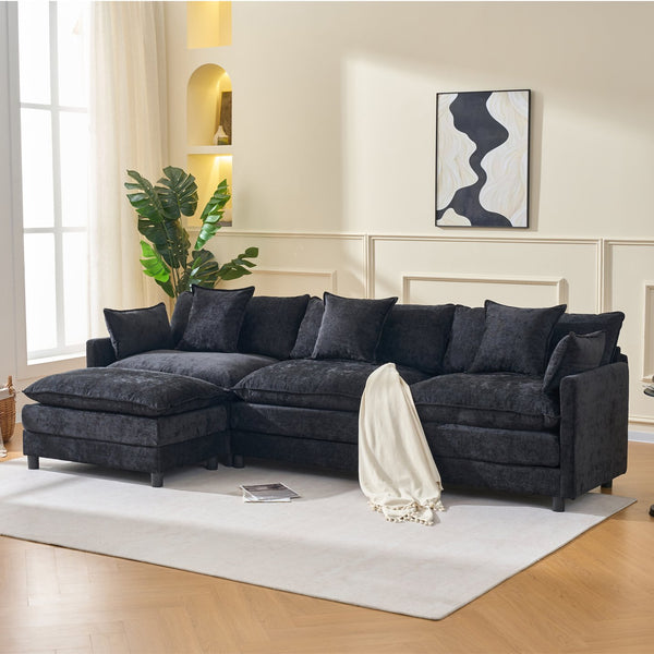English Elm 108" L-shaped Chenille Cloud Sectional Deep Seat Sofa with Ottoman for Living Rooms Black W3244S00004
