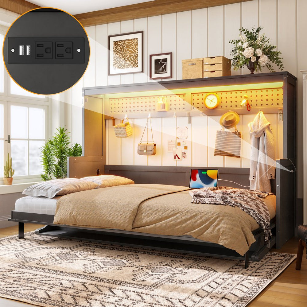 English Elm Full Murphy Bed with Fold Down Desk Led Lighting and Usb Port for Studio Spaces Dark Gray W1580S00455