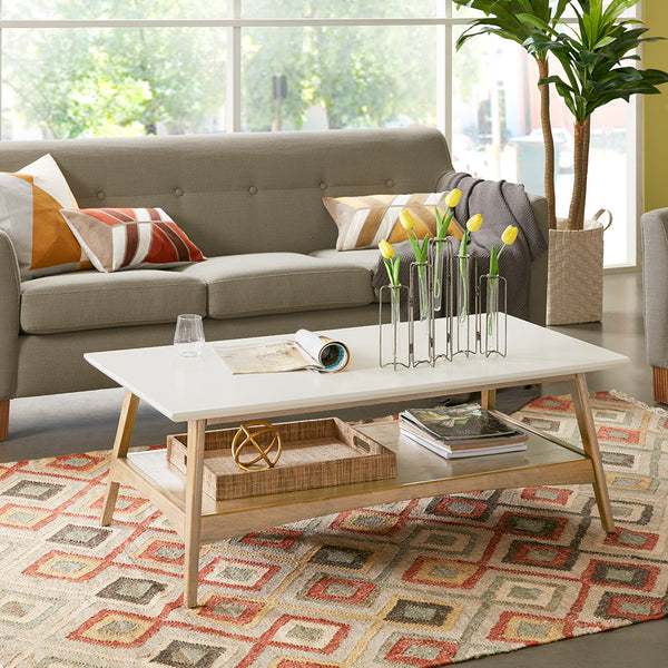JLA Home Madison Park - Coffee Table Mid-Century Two-Tone Accent Table with Solid Wood Frame and Lower Shelf Storage, Stylish Off-White/Natural MP120-1063