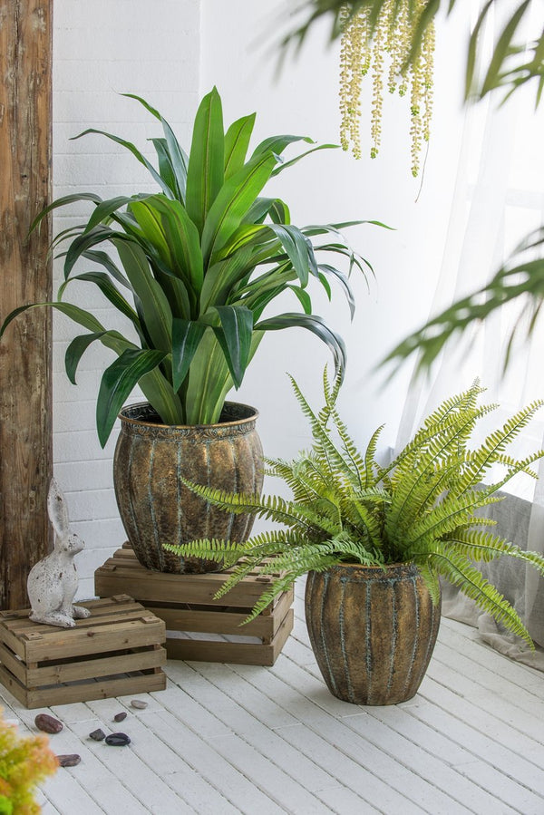 English Elm Set of 2 Distressed Iron Planters with Golden Patina for Indoor Outdoor Decor W2078P498286