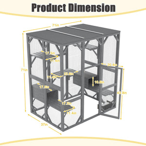 English Elm Outdoor Fir Wood Cat Enclosure Three Tier Six Platform Habitat with Waterproof Roof W1598P390796