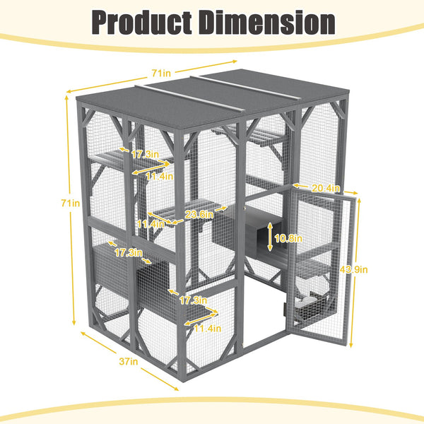 English Elm Outdoor Fir Wood Cat Enclosure Three Tier Six Platform Habitat with Waterproof Roof W1598P390796