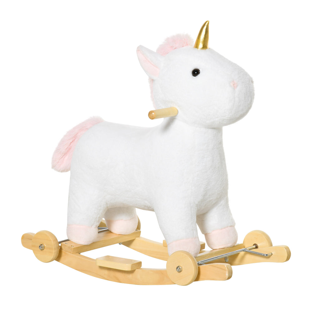 English Elm Qaba Plush Unicorn Rocker Ride on Toy with Wood Base Sound and Rolling Play W2225P229214