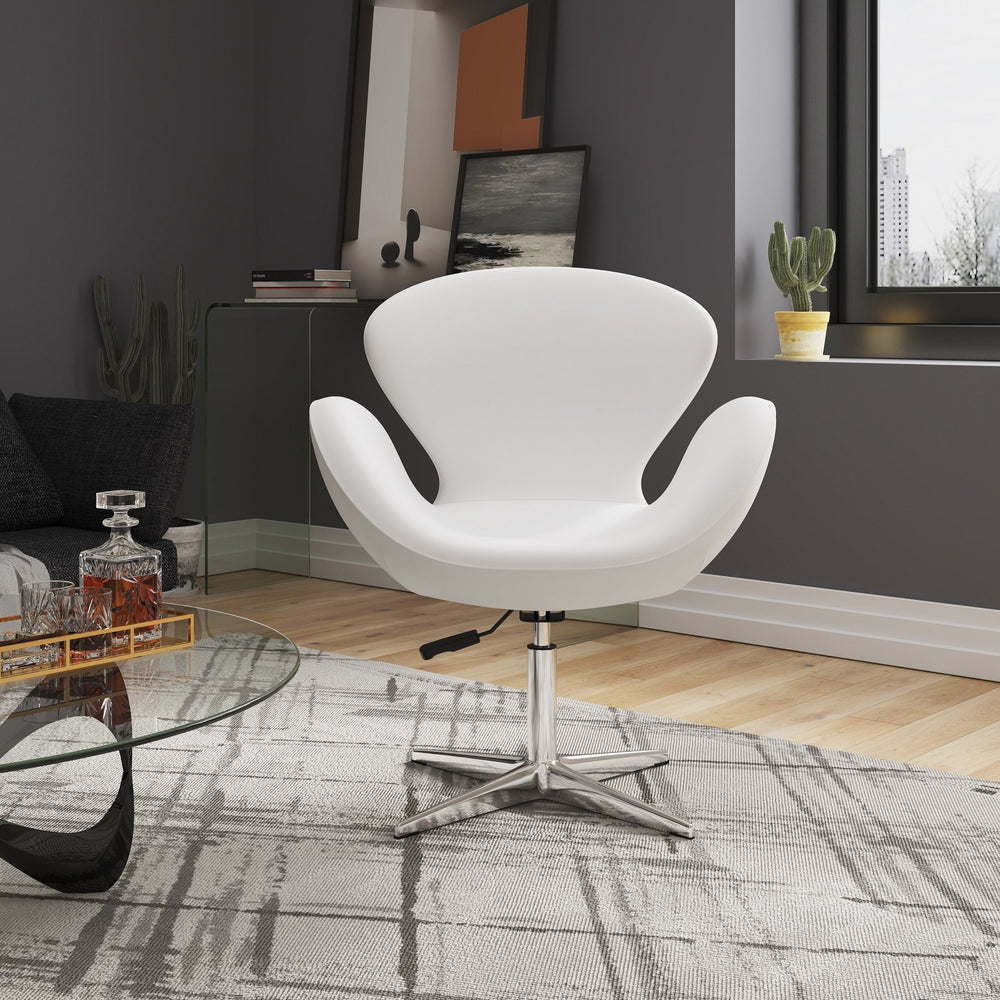 English Elm Raspberry Upholstered Swivel Lounge Chair with Adjustable Height, Polished Chrome Base & Plush Seat White B365P397956