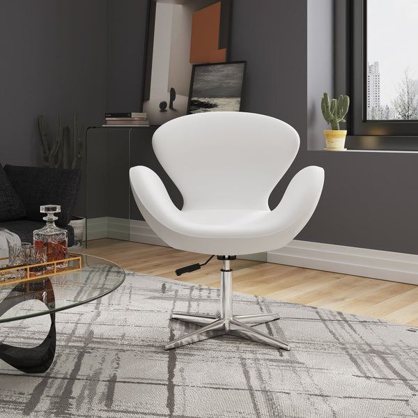 English Elm Raspberry Upholstered Swivel Lounge Chair with Adjustable Height, Polished Chrome Base & Plush Seat White B365P397956