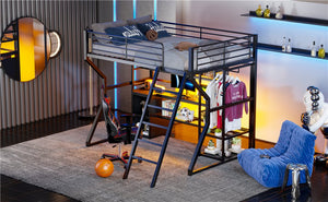 English Elm Full Size Metal Gaming Loft Bed With Workstation, Led Lights, Storage Solutions & Open Wardrobe N7090000666B