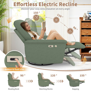 English Elm 270° Swivel Power Recliner Velvet Glider Rocker with Usb Ports for Living Room Dark Green W1028S00059