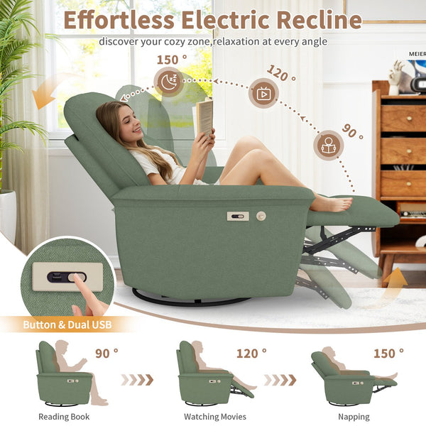 English Elm 270° Swivel Power Recliner Velvet Glider Rocker with Usb Ports for Living Room Dark Green W1028S00059
