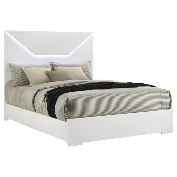 English Elm Pierce Queen Bed White High Gloss LED Headboard Diamond Panel Modern Platform Bed with Halo Lighting B062S01368