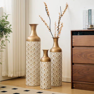 English Elm Decorative White Gold Metal Floor Vase Trio Art Deco Fan Motif Living Room Accent W2796P386874