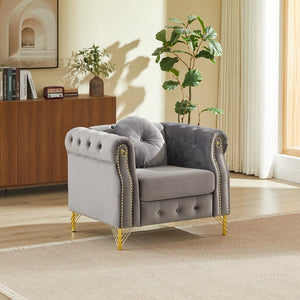 English Elm Velvet Tufted Chesterfield Sofa with Copper Stud Trim and Gold Metal Legs Grey W834P423609