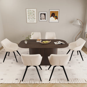 English Elm 63" Medieval-Modern Brown Mdf Dining Table Set With 6 Beige Pu Chairs & Black Metal Legs For Elegance W2189S00690