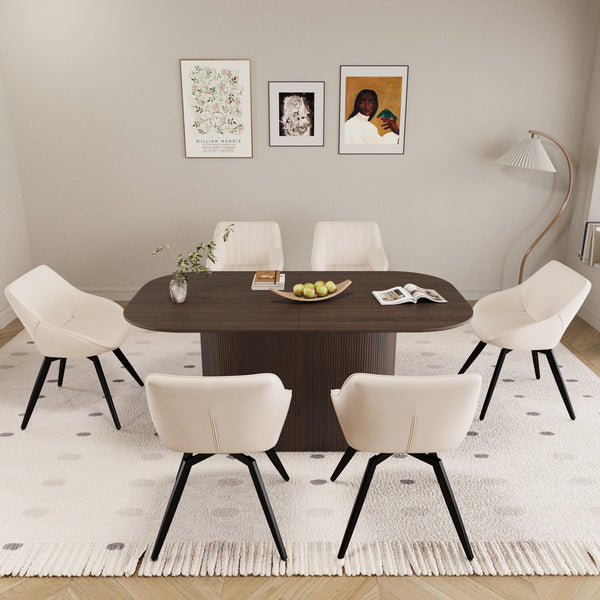 English Elm 63" Medieval-Modern Brown Mdf Dining Table Set With 6 Beige Pu Chairs & Black Metal Legs For Elegance W2189S00690