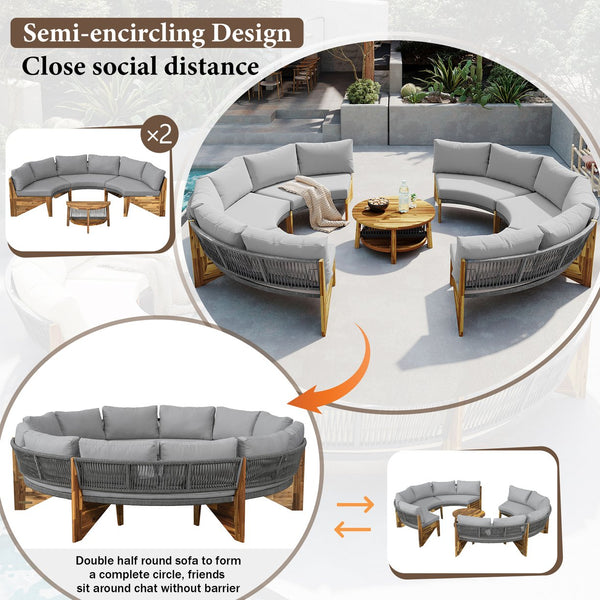 English Elm U_style Circular Patio Sofa Set Pp Rope Woven Steel Frame Acacia Wood Resort Lounge Grey WY000468AAE