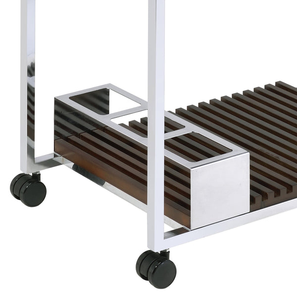 English Elm Lisses Chrome Serving Cart with Removable Wooden Tray, Wine Rack, Stemware Shelf & Casters, 70lb Top B2726P286818