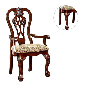 English Elm Formal Classic Set of 2 Arm Chairs Cherry Brown Solid Wood Damask Fabric Padded Seats, Intricate Carved Backs, Ball & Claw Feet B011P248054