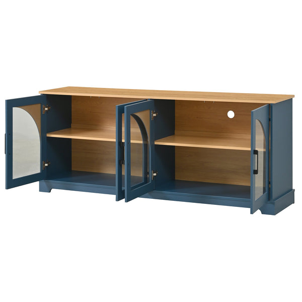 English Elm Farmhouse Media Console with Arched Glass Doors Wood Grain Two Tone Living Room Storage Blue N721P411204C