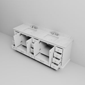 English Elm White 84" Double Bath Vanity with Carrara Marble Top, 14 Drawers, Soft-Close, Chrome Faucet Set B2731P258420