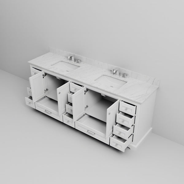 English Elm White 84" Double Bath Vanity with Carrara Marble Top, 14 Drawers, Soft-Close, Chrome Faucet Set B2731P258420
