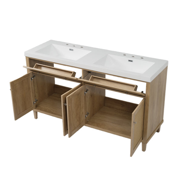 English Elm Christopher Knight Home® - 60 Inch Bathroom Vanity with Double Sinks SMC, Rattan Doors, Soft-Close Drawers, Stable Pine Legs Wood N817P296140N