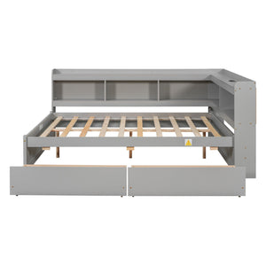 English Elm Full Size L-Shaped Bed With Bookcases, Usb Ports & Drawers - Space-Saving Grey Bedroom Solution W504S00245