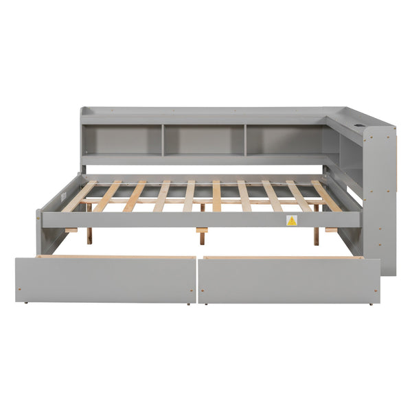 English Elm Full Size L-Shaped Bed With Bookcases, Usb Ports & Drawers - Space-Saving Grey Bedroom Solution W504S00245