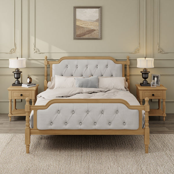 English Elm Traditional Solid Wood Bed Frame with Tufted Upholstered Headboard, No Box Spring Needed, Sturdy 400 lb Capacity Walnut 57.5 L x 22.5 W x 10.5 H N701P242546N