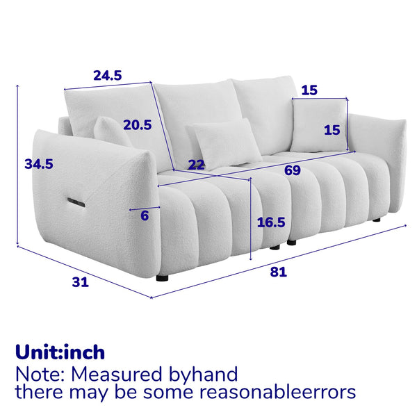 English Elm [video] MH 81" Premium Teddy Fabric Sofa 3-Seater with 3 Cushions, Solid Wood Frame, 750lb Capacity W1193S00157