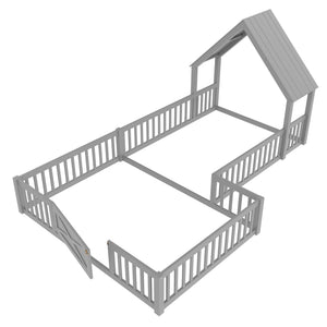 English Elm Full House Floor Bed with Door and Guardrails for Kids, Solid Wood Double Full, Safe Play Nook Grey W1580P354640