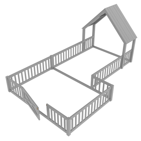 English Elm Full House Floor Bed with Door and Guardrails for Kids, Solid Wood Double Full, Safe Play Nook Grey W1580P354640