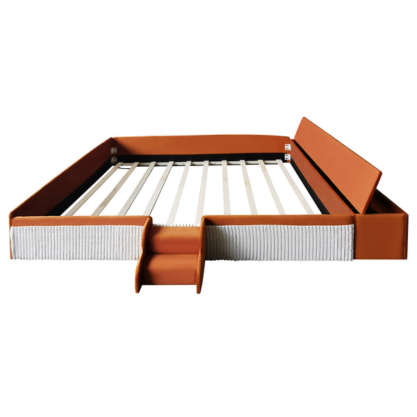 English Elm King Velvet Kids Platform Bed with Padded Guardrails Staircase and Storage Ottoman Brown+White SF000204AAD