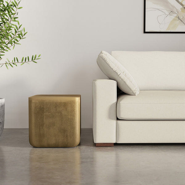 English Elm Bassett Cast Aluminum Side Table in Antique Brass Finish — Handcrafted Geometric Rounded-Square Accent B136P239042