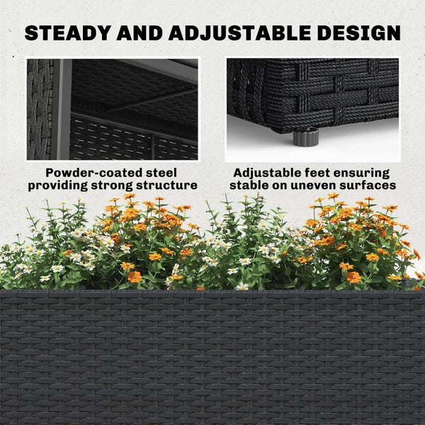 English Elm Modern Raised Planter Box with Pe Rattan Exterior and Steel Frame for Patio Herb Gardens Black T3971P476663