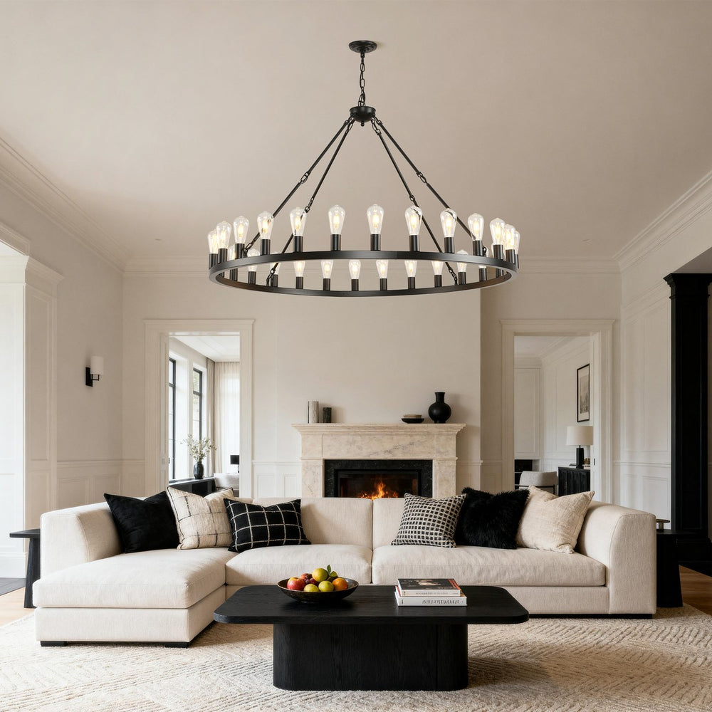 English Elm 53.15 Inch Wagon Wheel Chandelier Matte Black 18 Light Farmhouse Industrial Large Room W5008P389306