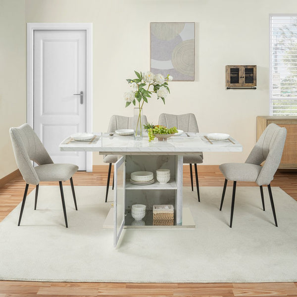 English Elm 47.24"-63"Modern Rectangle Dining Table with Extendable Top, Printed Marble Look, Sturdy Steel Base & Storage White W757P331962