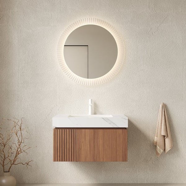 English Elm Muri Floating Bathroom Vanity Plywood Cabinet Sintered Stone Top Oak Woodgrain W2615S00619