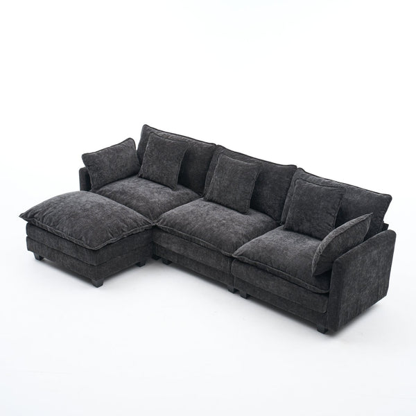 English Elm Beige Chenille Sectional Sofa with Modular Ottoman for Living Room or Studio Black W2603S00006